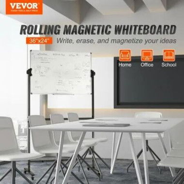 91.5x61cm Rolling Magnetic Whiteboard, Double-sided Mobile Whiteboard, Adjustable Height Dry Erase Board with Wheels, 1 Magnetic Erase & 3 Dry Erase Markers & Movable Tray Office, School