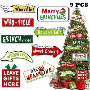 9PCS Grinch Guidepost Christmas Tree Decoration Ideal For Christmas Tree Decorations And Festive Events