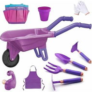 Detailed information about the product 9pcs Kids Gardening Tool Set,Garden Outdoor Toys Kids Wheelbarrow Watering Can Gloves Hand Rake Shovel Trowel Double Hoe Apron,Purple