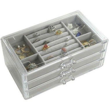Acrylic Jewelry Box Clear Jewelry Organizer With 3 Drawers Velvet Display Holder For Earrings Ring Bracelet Necklace Gift For Women Grey