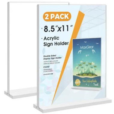 Acrylic Sign Holder 21.5x28 cm 2 Pack,Double Sided Clear Display Stand Table Top Paper Holder,Vertical Menu Flyer Stand,Plastic Frame