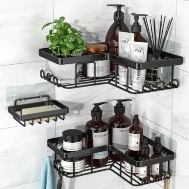 Adhesive Corner Shower Caddy with Soap Holder,12 Hooks,Rustproof Organizer,No-Drill Wall Mounted Shower Rack