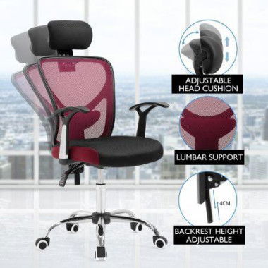 Adjustable Breathable Ergo Mesh Office Computer Chair With Lumbar Support - Black/Red.