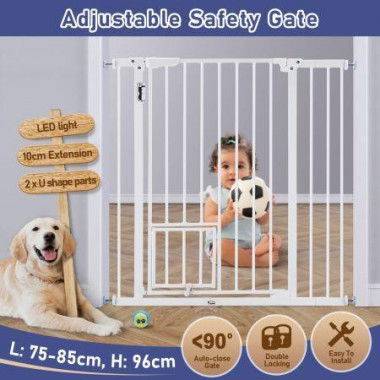 Adjustable Safety Gate Pet Dog Security Barrier Kid Safe Stair Fence Guard With Extension Walk Through Door 96cm White.