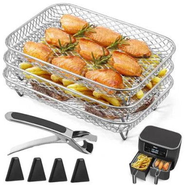 Air Fryer Rack for Ninja Dual Kannino 3pcs Layered Dehydrator Racks Stainless Steel Grilling Rack Rectangle Basket Tray Clip Heighten Feet Pad