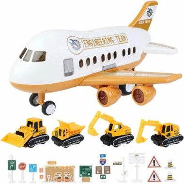 Airplane Toy Mini Car with Road Sign For Kids Age 3 to 8 , 2 in 1 Light Effect, Music Play, Play House Set, Shockproof, Interior, Yellow