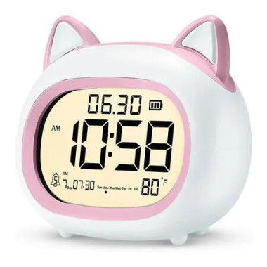 Alarm Clock with Night Light for Kids, Small Digital Alarm Clocks for Bedrooms, Cute Cat Alarm Clock with Sleep Training, Snooze (White Pink)