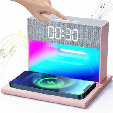 Alarm Clock with Wireless Bluetooth Speaker and Charging, 4 in 1 Touch Bedside Lamp Bluetooth Alarm Clock for Heavy Sleepers-Pink