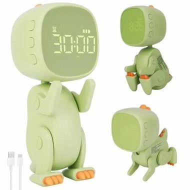 Alarm Dinosaur Clock for Kids 6 Musics Wake Cute Digital Children's Kid student Clock Rechargable Night Light Timer Christmas Gift Col Green