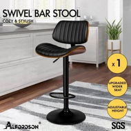 Detailed information about the product ALFORDSON 1x Bar Stool Kitchen Swivel Chair Wooden Leather Gas Lift Black