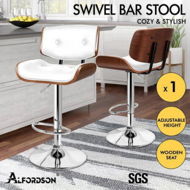 Detailed information about the product ALFORDSON 1x Bar Stool Kitchen Swivel Wooden Chair Leather Odette White