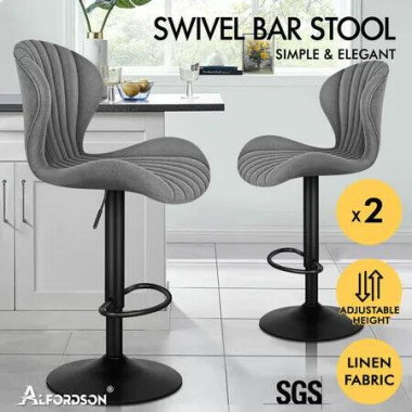 ALFORDSON 2x Bar Stools Gas Lift Fabric Bar Chairs Kitchen Swivel Stella Grey