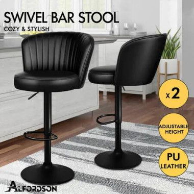 ALFORDSON 2x Bar Stools Gas Lift Leather Bar Chairs Kitchen Swivel All BLACK