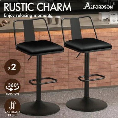 ALFORDSON 2x Bar Stools Gas Lift Leather Bar Chairs Kitchen Swivel Gloria BLACK