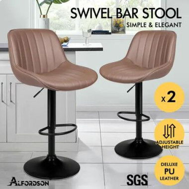 ALFORDSON 2x Bar Stools Gas Lift Leather Bar Chairs Kitchen Swivel Wendy BROWN