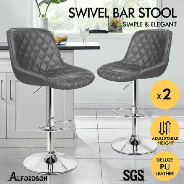 ALFORDSON 2x Bar Stools Gas Lift Leather Bar Chairs Kitchen Swivel Xena GREY