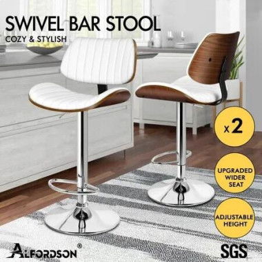 ALFORDSON 2x Bar Stools Kitchen Swivel Chair Wooden Leather Gas Lift White