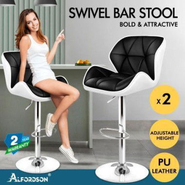 ALFORDSON 2x Bar Stools Willa Kitchen Gas Lift Swivel Chair Leather BLACK And WHITE