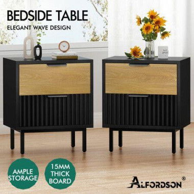 ALFORDSON 2X Bedside Table Nightstand 2 Drawers Side Storage Black and Wood