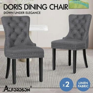 ALFORDSON 2x Dining Chair Kitchen Lounge Retro Button Tufted Wooden Fabric Grey