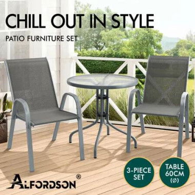 ALFORDSON 3PCS Outdoor Furniture Patio Table and Chairs Set Garden Round Grey