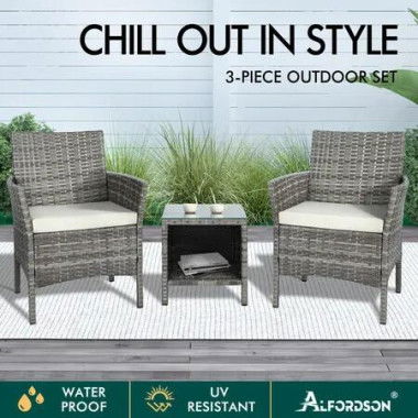 ALFORDSON 3PCS Outdoor Furniture Wicker Bistro Set Patio Sofa Table Grey