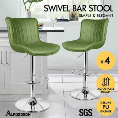 ALFORDSON 4x Bar Stools Gas Lift Leather Bar Chairs Kitchen Swivel Avocado Green