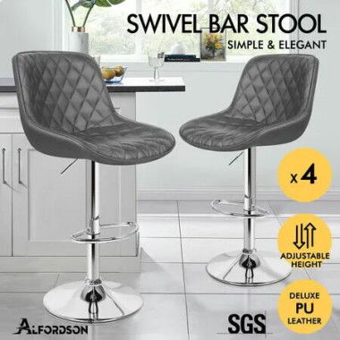 ALFORDSON 4x Bar Stools Gas Lift Leather Bar Chairs Kitchen Swivel Xena GREY