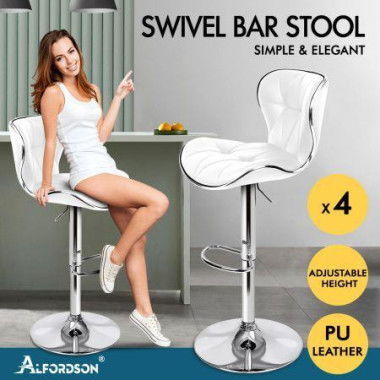 ALFORDSON 4x Bar Stools Luna Kitchen Swivel Chair Leather Gas Lift WHITE