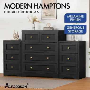 ALFORDSON 5 Chest of Drawers 2x Bedside Table Bedroom Storage Hamptons Black