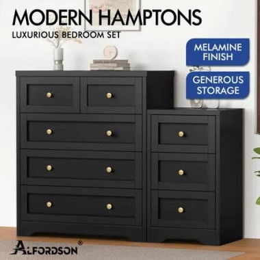 ALFORDSON 5 Chest of Drawers Bedside Table Bedroom Storage Hamptons Black