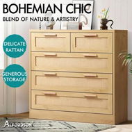 Detailed information about the product ALFORDSON 5 Chest of Drawers Storage Cabinet Rattan Dresser Tallboy Oak