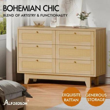 ALFORDSON 6 Chest of Drawers Rattan Storage Cabinet Dresser Tallboy Wood