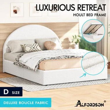 ALFORDSON Bed Frame Double Size Arched Base Gas Lift Storage Boucle White Hoult