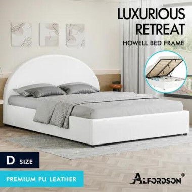 ALFORDSON Bed Frame Double Size Gas Lift Base With Storage White Leather HOWELL