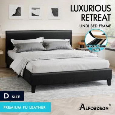 ALFORDSON Bed Frame Double Size Mattress Base Wooden Platform Leather Black