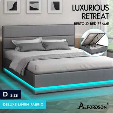 ALFORDSON Bed Frame Double Size Platform RGB LED Gas Lift Base Storage Grey