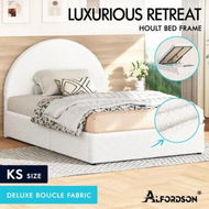 Detailed information about the product ALFORDSON Bed Frame King Single Arched Base Gas Lift Storage Boucle White Hoult