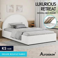 Detailed information about the product ALFORDSON Bed Frame King Single Gas Lift Base With Storage White Boucle HOWELL