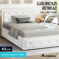 Detailed information about the product ALFORDSON Bed Frame King Single Gas Lift Storage Base Boucle Fabric White