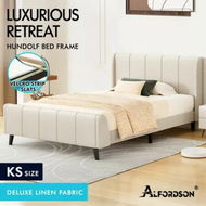 Detailed information about the product ALFORDSON Bed Frame King Single Tufted Headboard Base Beige Fabric HUNDOLF