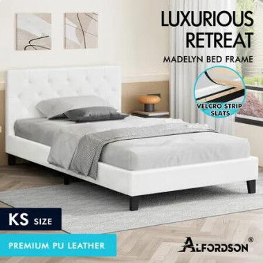 ALFORDSON Bed Frame King Single Wooden Base Platform Leather White MADELYN
