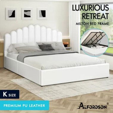 ALFORDSON Bed Frame King Size Gas Lift Storage Base Wooden White MILTON