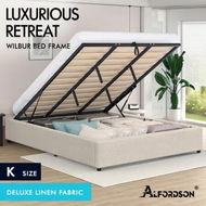 Detailed information about the product ALFORDSON Bed Frame King Size Gas Lift Storage Mattress Base Beige WILBUR