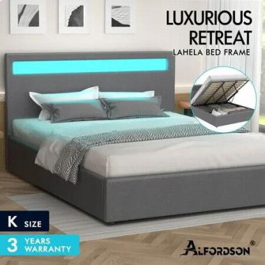 ALFORDSON Bed Frame King Size RGB LED Gas Lift Base Platform Storage Grey