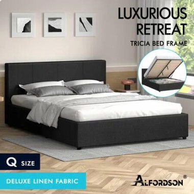 ALFORDSON Bed Frame Queen Size Gas Lift Storage Base Fabric Charcoal TRICIA