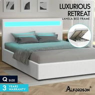 Detailed information about the product ALFORDSON Bed Frame Queen Size RGB LED Gas Lift Base Platform Storage Boucle