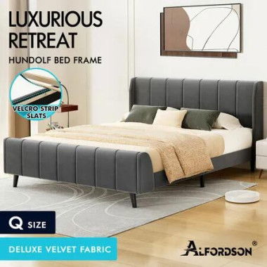 ALFORDSON Bed Frame Queen Size Tufted Headboard Base Grey Velvet HUNDOLF
