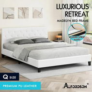 Detailed information about the product ALFORDSON Bed Frame Queen Size Wooden Base Platform Leather White MADELYN