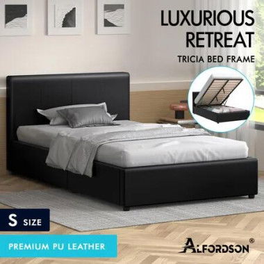 ALFORDSON Bed Frame Single Size Gas Lift Storage Base Black Leather CALLA